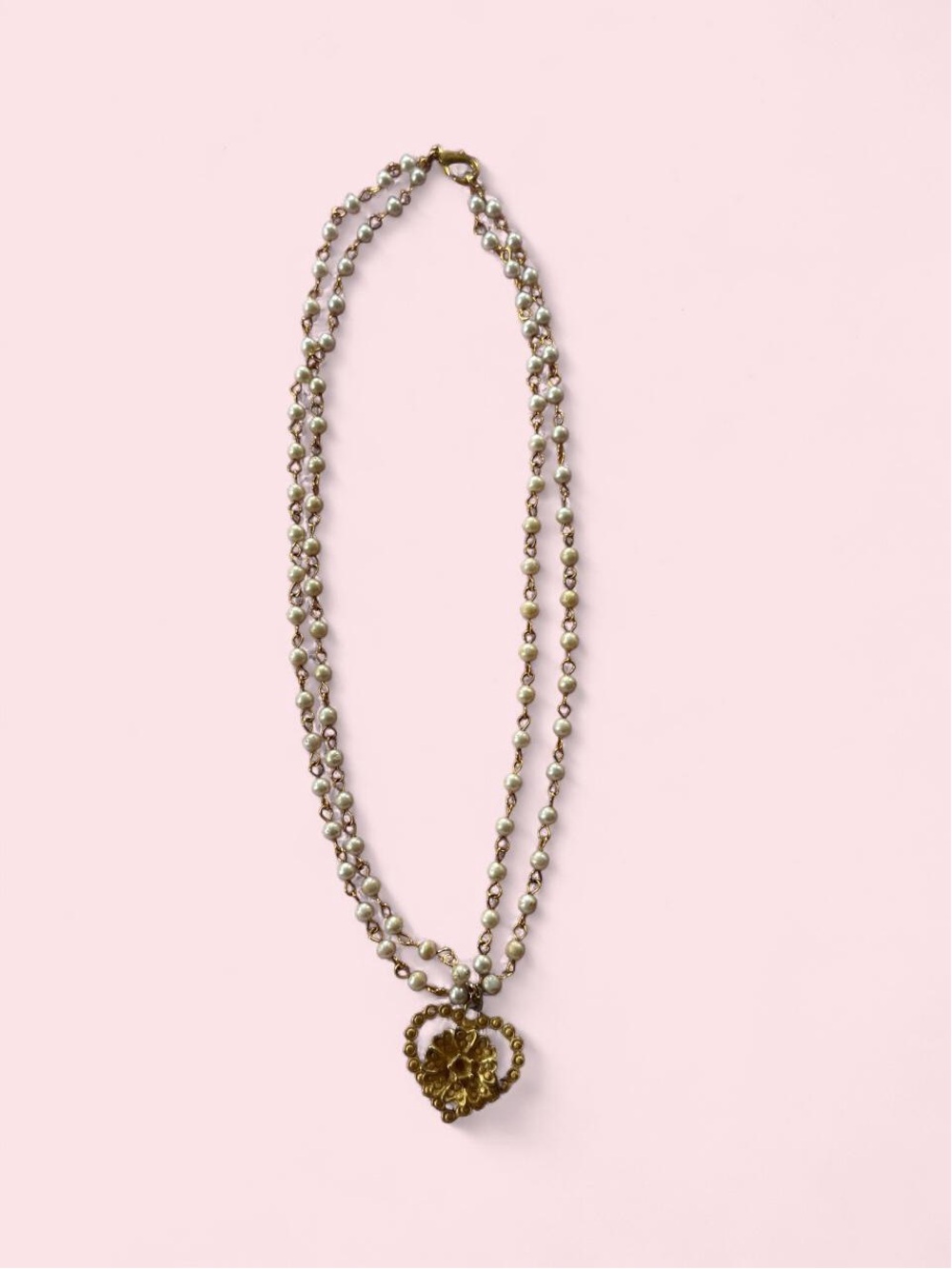Gold Heart Pendant Double-Strand Pearl Necklace - White/Gold